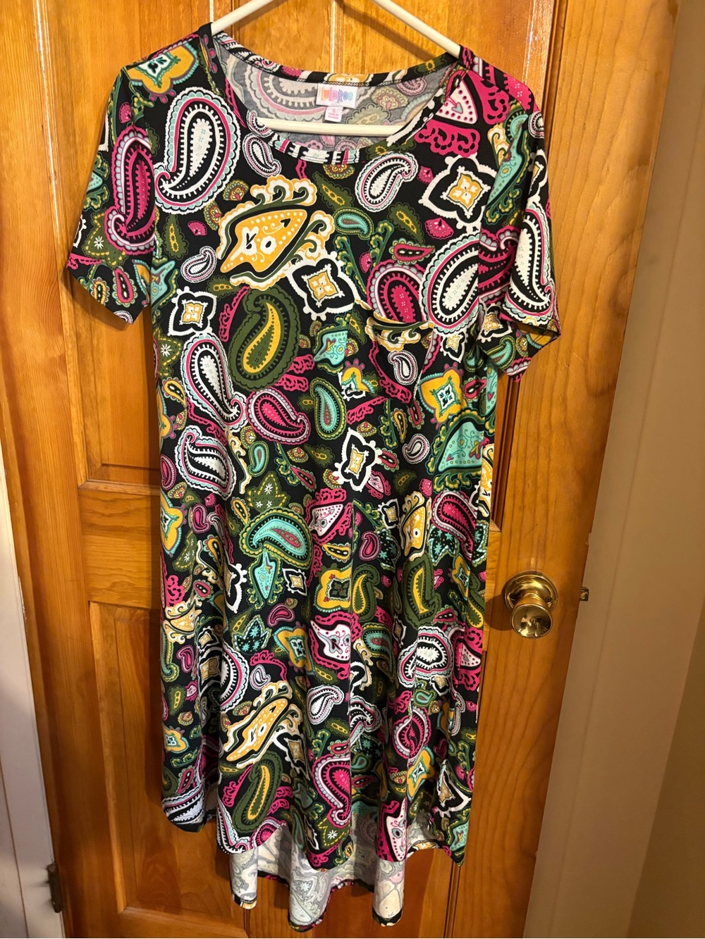 LuLaRoe Carly Dress in Black with Pink, Green & Yellow Paisley